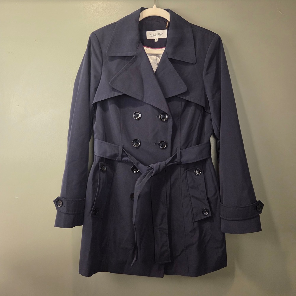Calvin Klein Women's Double Breasted Short Trench Coat Navy Blue Size M